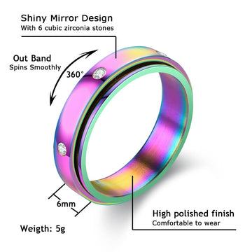 Fekang Anxiety Rings Fidget Rings For Women Stress Relief Spinner Rings For Teen Girls Stress Rings 4Pcs 6Mm Titanium Steel Rings Size 5-12 (8, 6Mm Spinner Rings 4Pcs/6 Cz Stones)