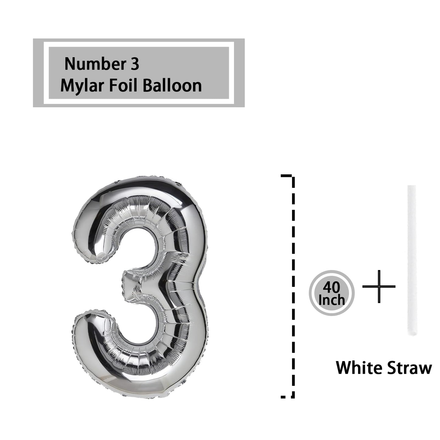 3 Number Balloon Silver 40 Inch Big Foil Mylar 3Rd Balloons For 3 Year Old Boy Girl Birthday Party Decorations Wedding Anniversa
