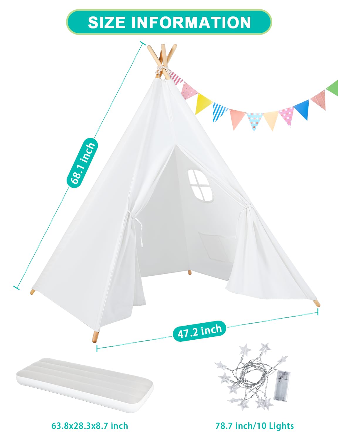 Teepee Tent For Kids Slumber Party 6 Pack - Inflatable Airbed & Star Lights & Colored Flag - Indoor Outdoor Toddler Play Tent Fo