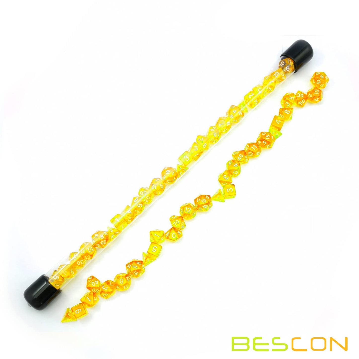 Bescon 28pcs Translucent Yellow Mini Polyhedral Dice Set in Tube, Dungeons and Dragons RPG Dice 4X7pcs,Mini Gem Yellow Dice Set