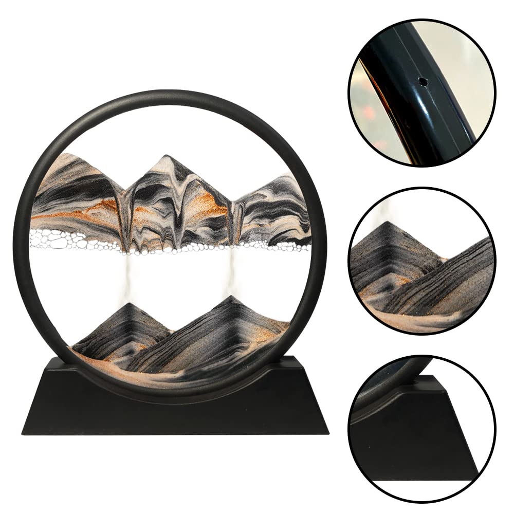 Muyan Moving Sand Art Picture Sandscapes in Motion Round Glass 3D Deep Sea Art for mature-themed Kid Large Desktop Toys (Black  7 Inch)