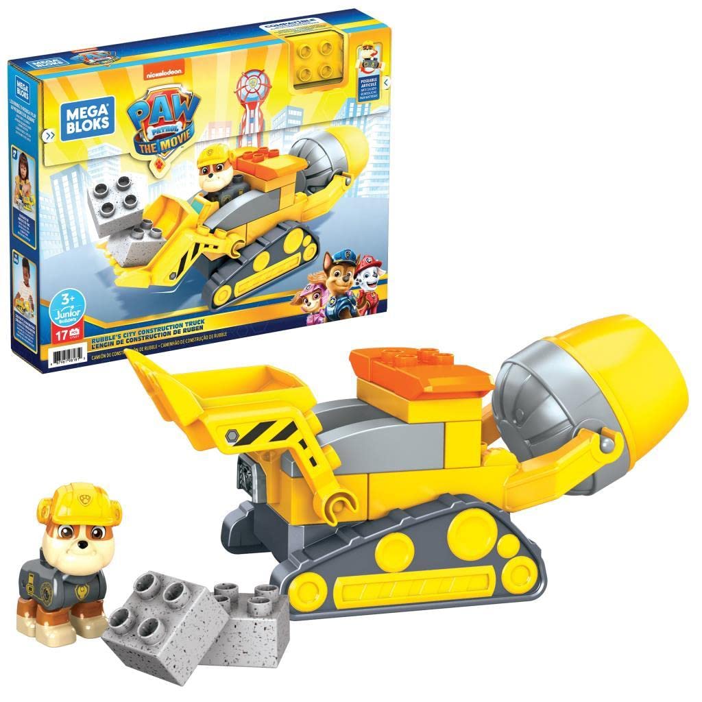 Mega Bloks Paw Patrol Toddler Building Blocks Toy Car - Rubble's City Construction Truck, 17 Pieces, Plastic, Multi, Model GYW91