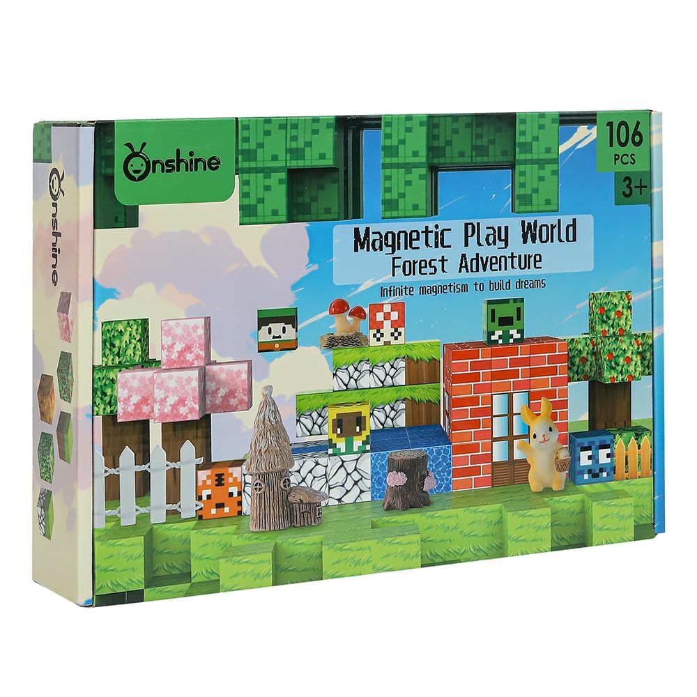 Toystoday Play World Building Blocks Mine Magnetic Build Cubes Toys With 106 Pieces For Kids Ages 3+ (Forest Adventure) Magnetic