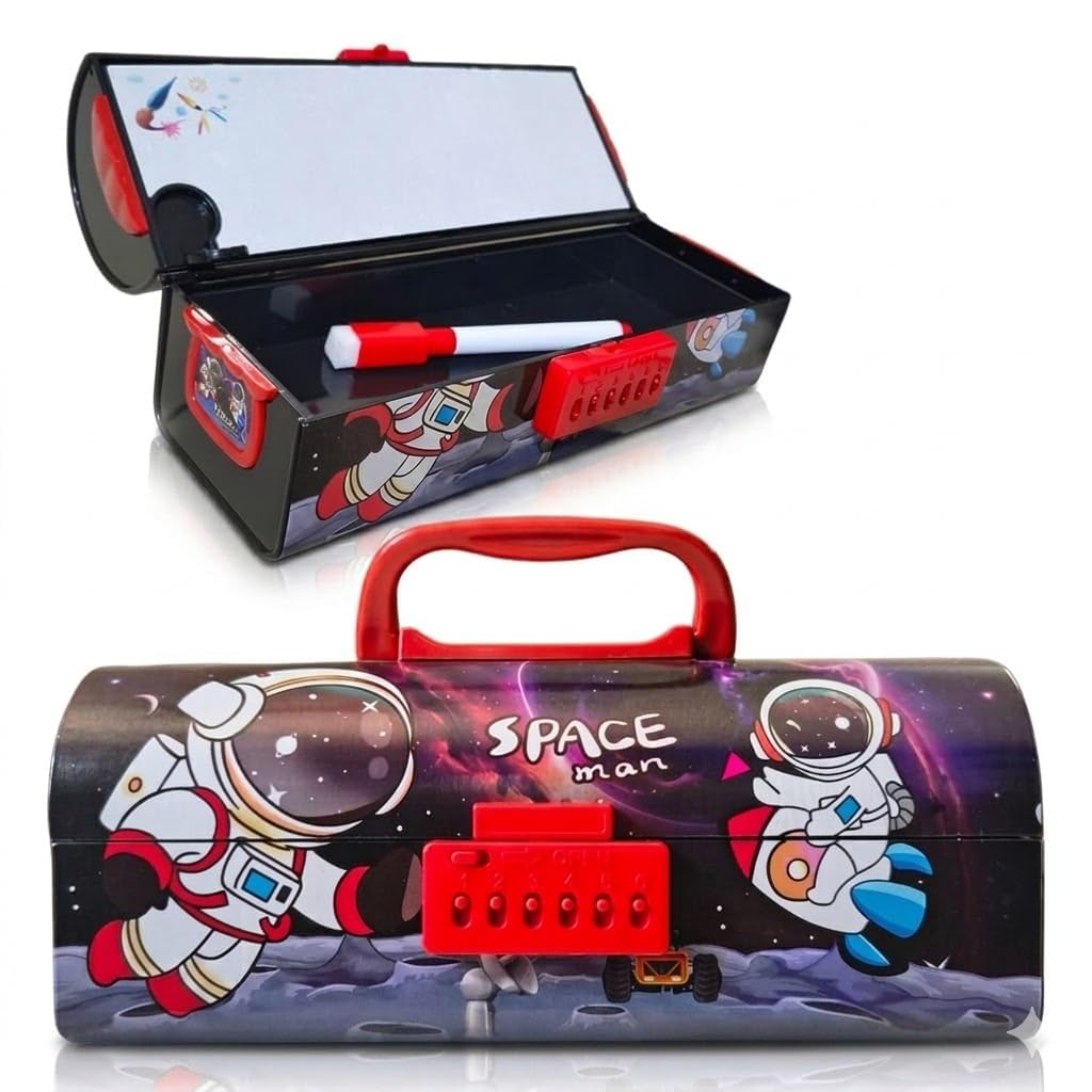 Manaki Enterprise Space Man Compass Box For Kids | Space Astronaut Printed Pencil Box With Number Lock | Large Capacity Statione