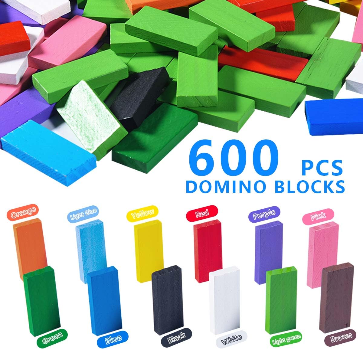 OBTANIM 600 Pcs Colorful Wooden Domino Blocks Set - Educational Stacking Games for Kids, Multicolor