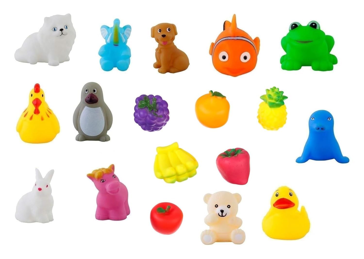 Dandur Kids Colorful Soft Rubber Squeeze Bath Toys With Animal, Fruit & Cartoon Shape Play Set For Toddlers (Pack Of 18)