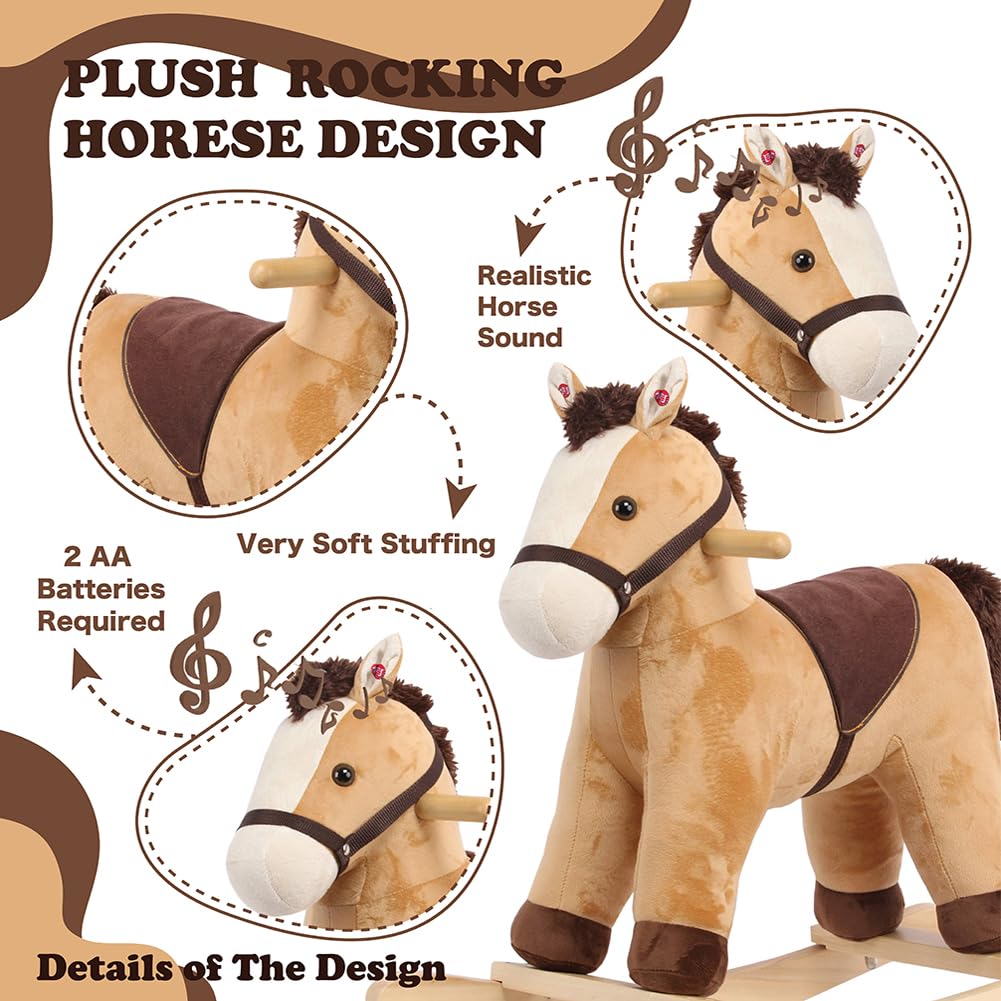 ROCK MY BABY Rocking Horse for Toddlers, Soft Fabric, Realistic Sounds, Large Light Brown Pony, CPC Certified