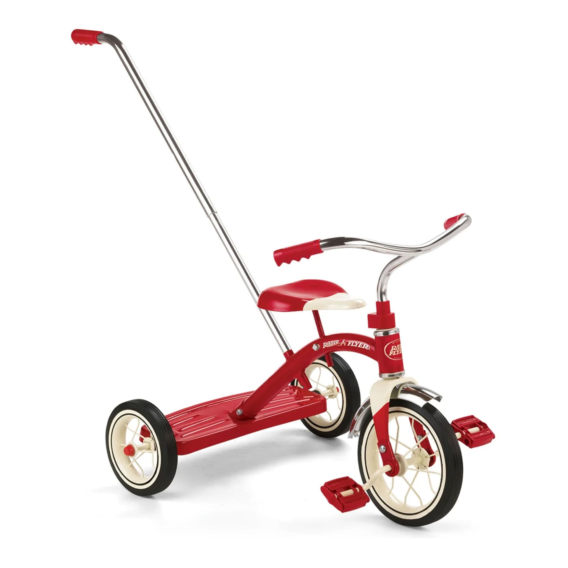 Radio Flyer 34TX Kids Beginner Classic Steel Framed 10 Inch Front Wheel Adjustable Seat Tricycle with 3 Position Push Handle, Re