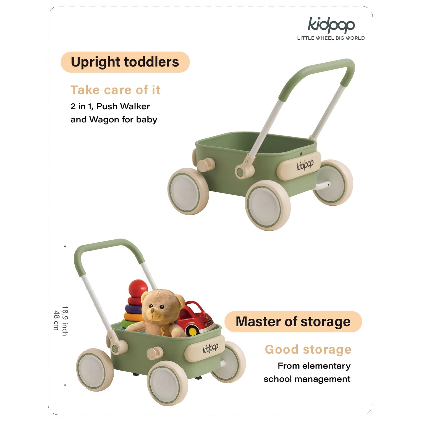PULA Baby Push Walker - Green Toddler Wagon for 6-12 Months, First Learner Toys, Ideal Birthday Gift for 1 Year Old, Indoor & Outdoor Use
