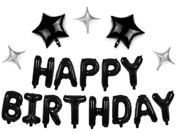 Birthday Banner (3D Black) Mylar Foil Happy Birthday Balloons, 23Pcs Birthday Party Decorations With 5Pcs Extra Shining Star,Bal