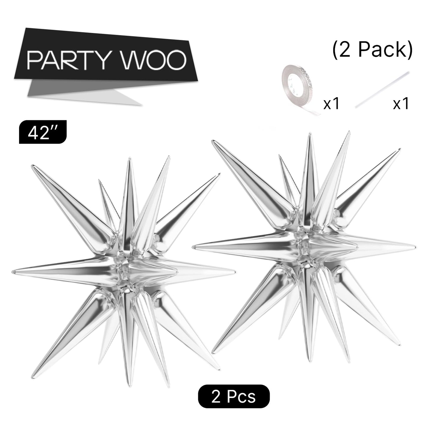 Partywoo Silver Star Balloons, 2 Pcs 42 Inch Large 14-Pointed Starburst Balloons, One-Piece Star Explosion Balloons With Ribbon, Point Star Foil Balloons, Mylar Balloons For Birthday Party Decorations