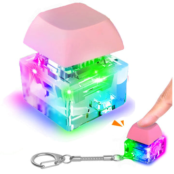 Keyboard Fidget Toys  Keychain Keyboard Decompression Toys Mechanical Key Button Stress Relief Gifts for mature-themed and Kids Finger Clicker Toys ADHD Toy Cool Fidgets(LED Light-Pink)