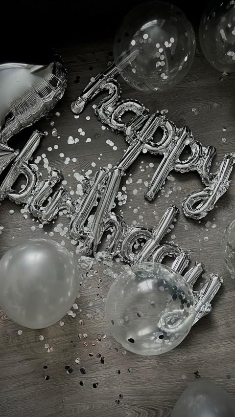 Atpata Funky Alphabetic Happy Birthday Text Foil Balloons for Unisex Birthday Party Decoration (Cursive Silver)