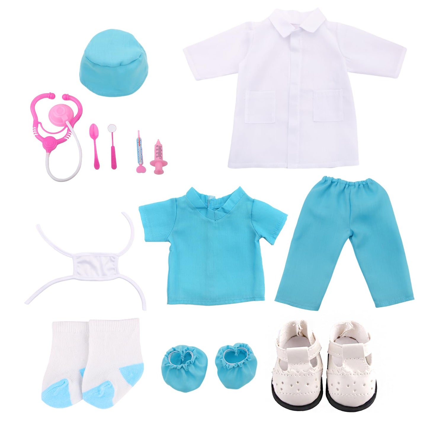 MSYO 18 Inch Doll Doctor Playset-Pretend Play Medical Kit with White Coat,Scrubs & Surgical Tools,Stem Roleplay Costume for Kids