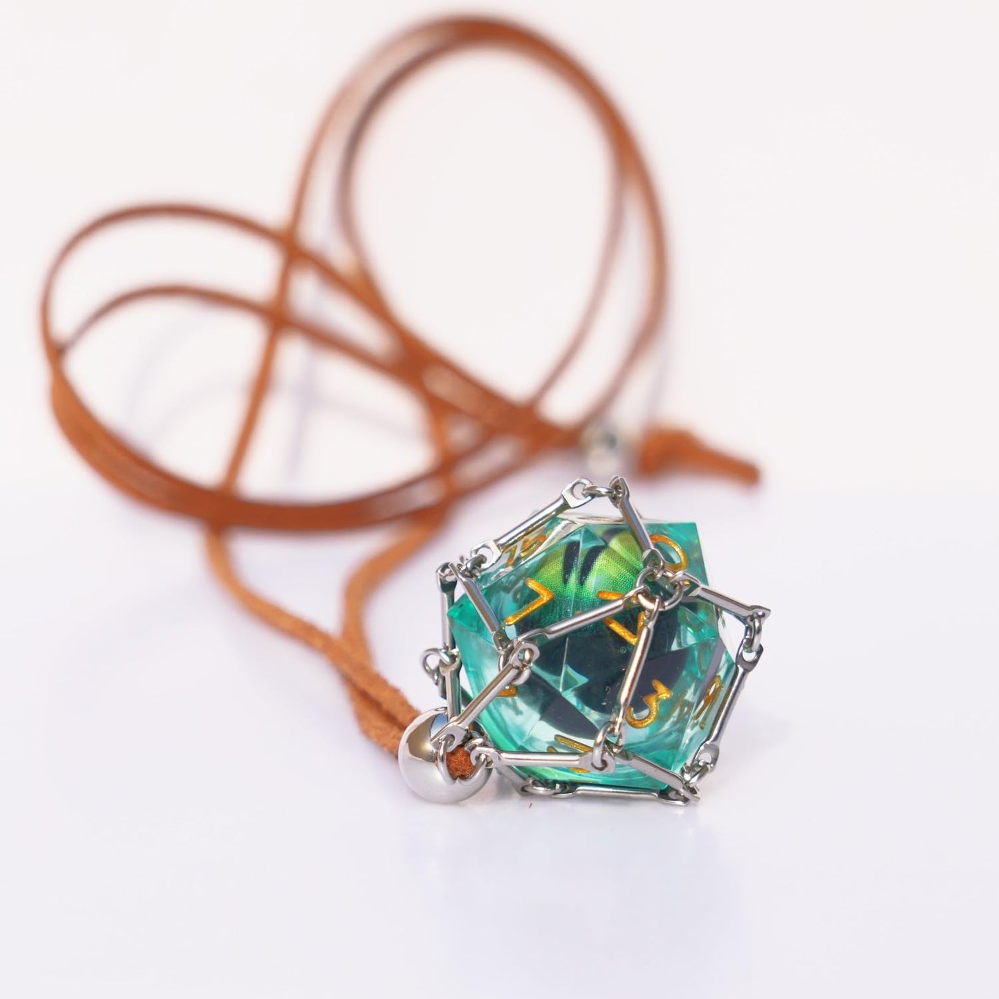 Generic DND D20 Dice Removable D20 with Leather Chain & Solid Steel Cage for Dungeons and Dragons Role Playing Game RPG (Dragon'