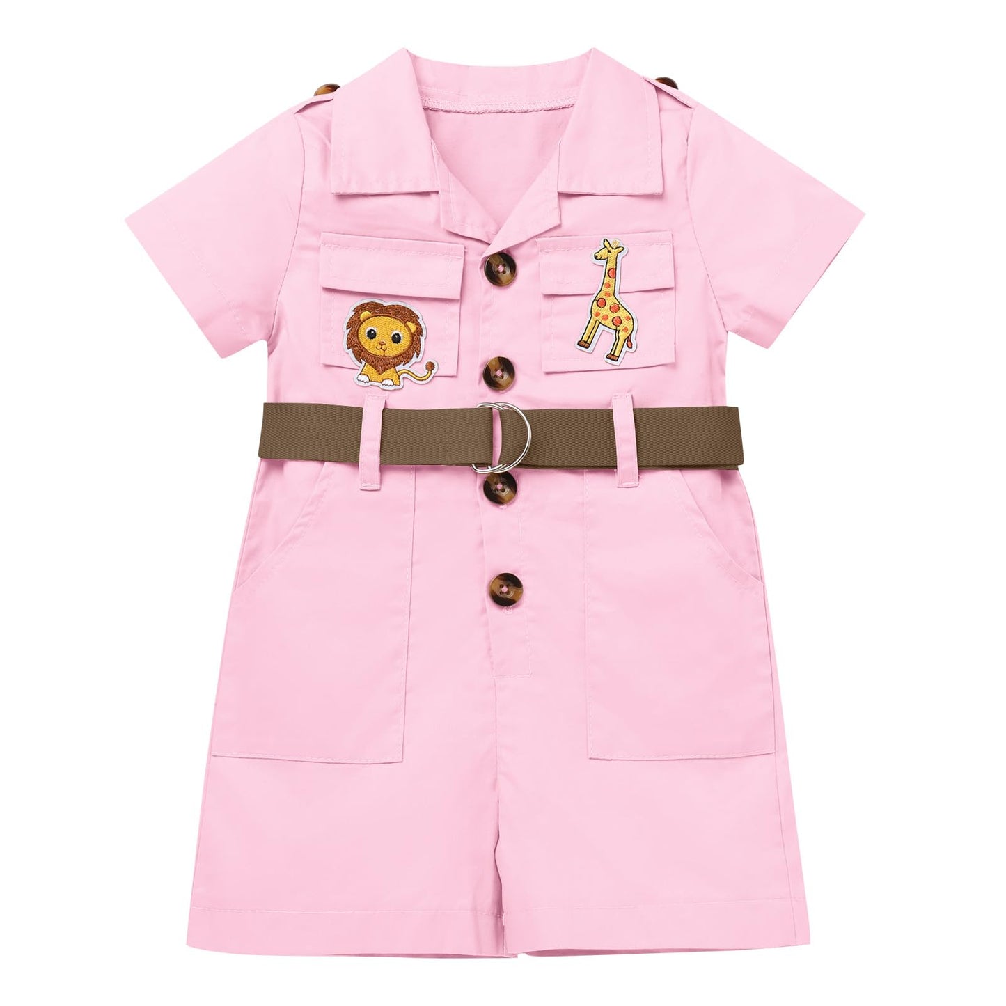 Idopip Baby Girls Safari Outfit Jungle One Piece Romper + Hat Jumpsuit Toddler Summer Birthday Party Clothes Set Halloween Overall Shorts Photo Shoot Bodysuit With Belt Pink 6-12 Months