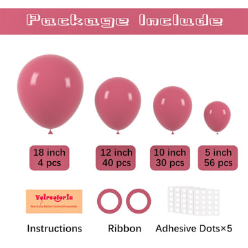 Voircoloria 130Pcs Retro Hot Pink Balloons Different Sizes 18'' 12'' 10'' 5'' Blush Hot Pink Latex Balloon Garland Arch Kit For