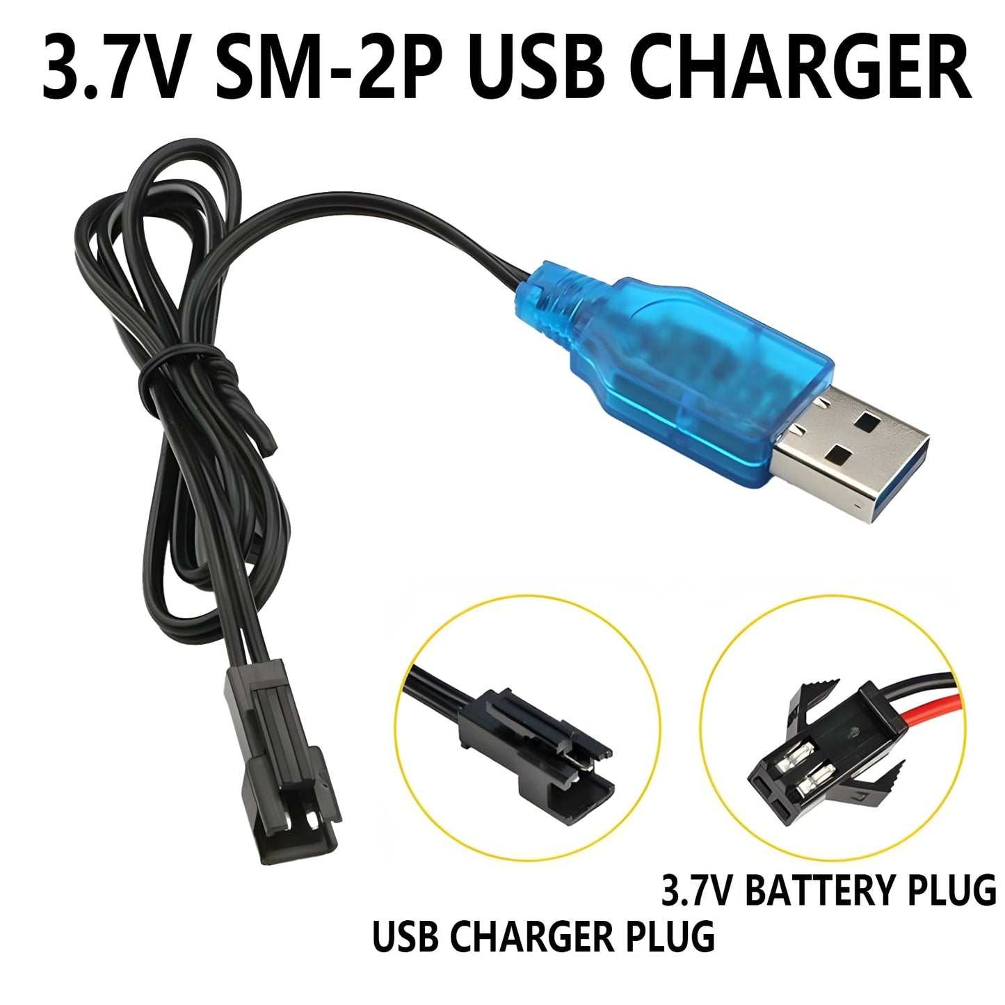 2 Pack 3.7V Lipo Battery USB Charger Cable SM-2P Port Cable for 3.7V RC Boat Car Truck Toy Rechargeable Li-Po Battery Charger