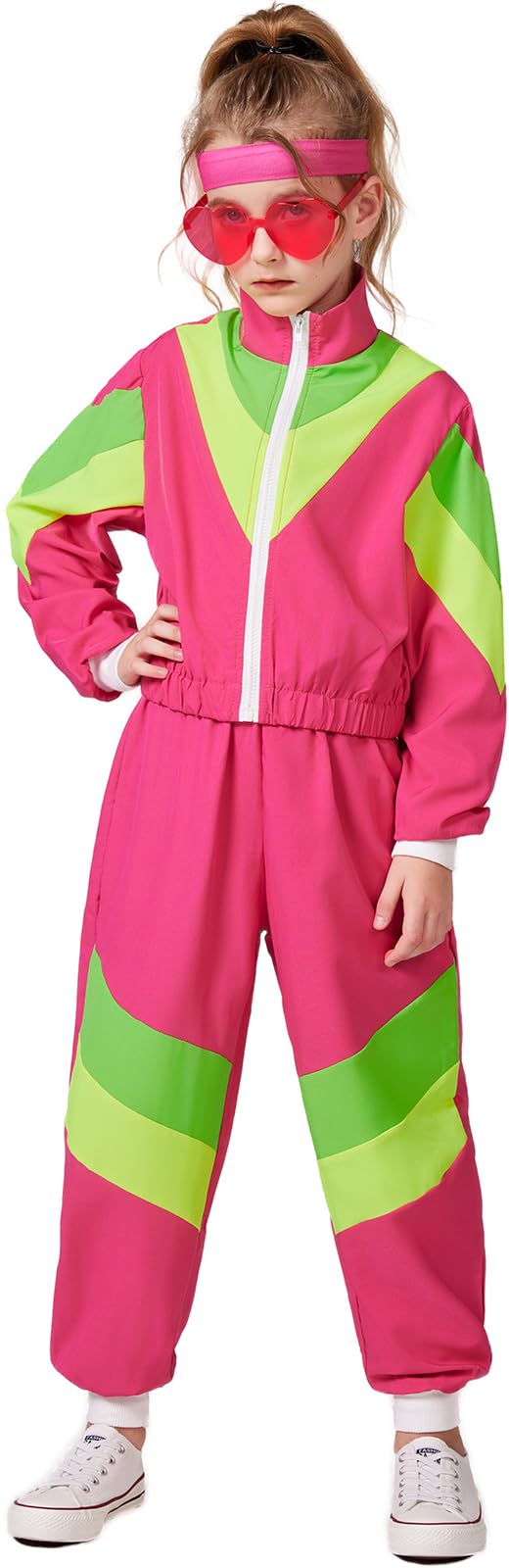 Sizgaroot 80S 90S Retro Windbreaker Set Girls Workout Costume Outfit Track Suit For Girls (Pink, 9-10 Years)