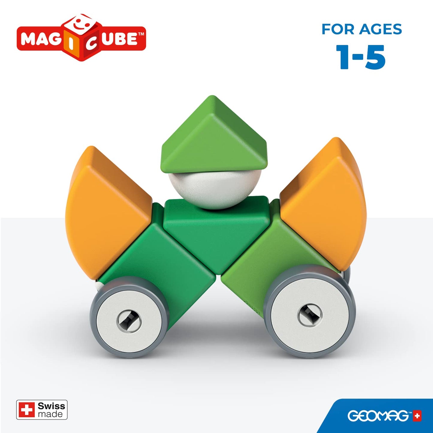 Geomag Swiss-Made Magicube 13-Piece Magnetic Shapes & Wheels Building Set, Cars & Characters, Stacking Blocks For Toddlers & Kid