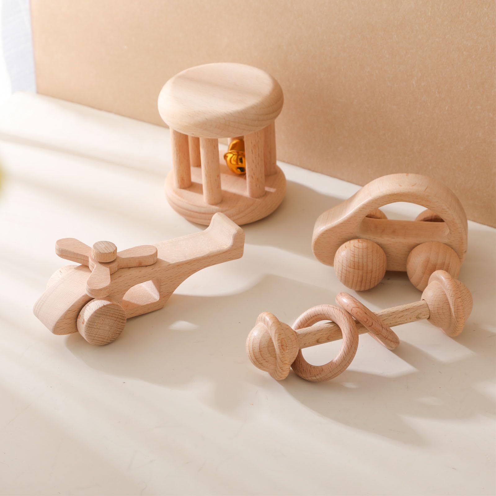 Wooden Baby Rattle Set  Montessori Grip Toy For Newborns, Natural Wood Gift Set Of 3