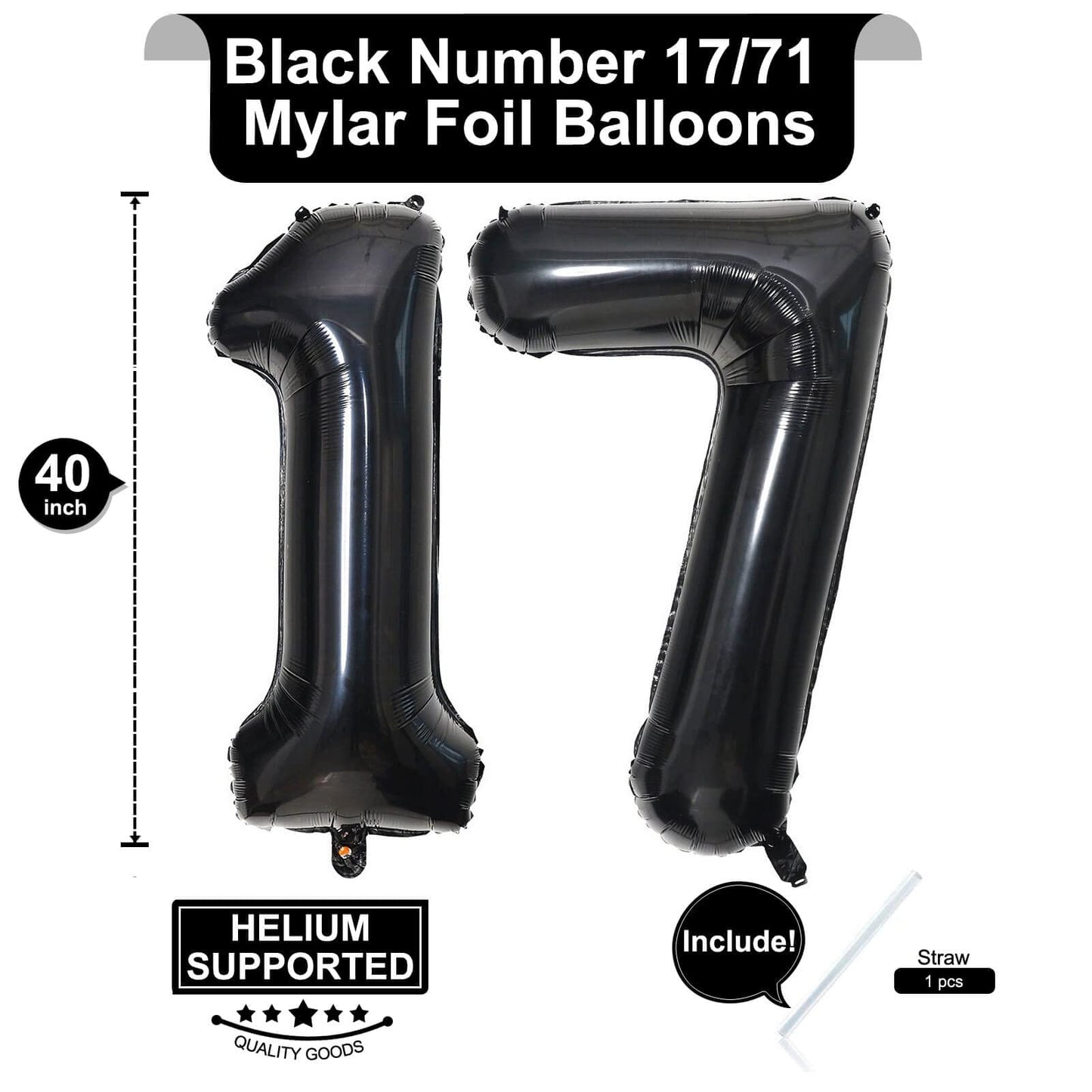 LHOAVWE 40 Inch Black 17 Foil Mylar Balloons - Jumbo Digital Number for 17th Birthday Party Decorations