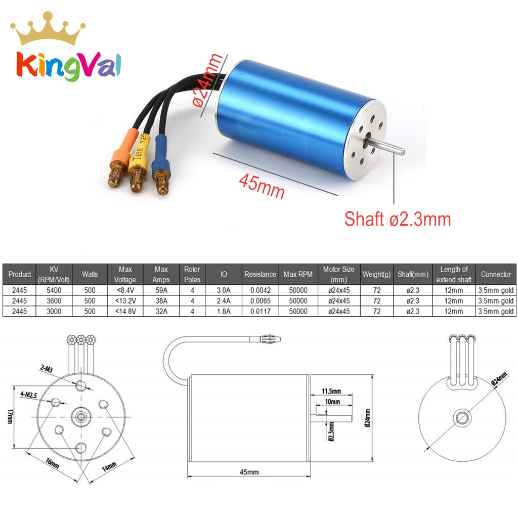 KingVal Replacement 2445 3000KV Sensorless Brushless Motor Shaft Diameter 2.3mm Compatible with 1/16 RC Car