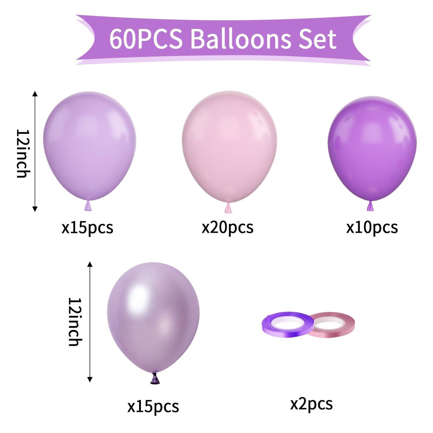 Paready Pink And Purple Balloons, 60 Pcs Pearl Purple Pink Party Balloons 12 Inch Light Pink Purple Latex Balloons Matte Purple