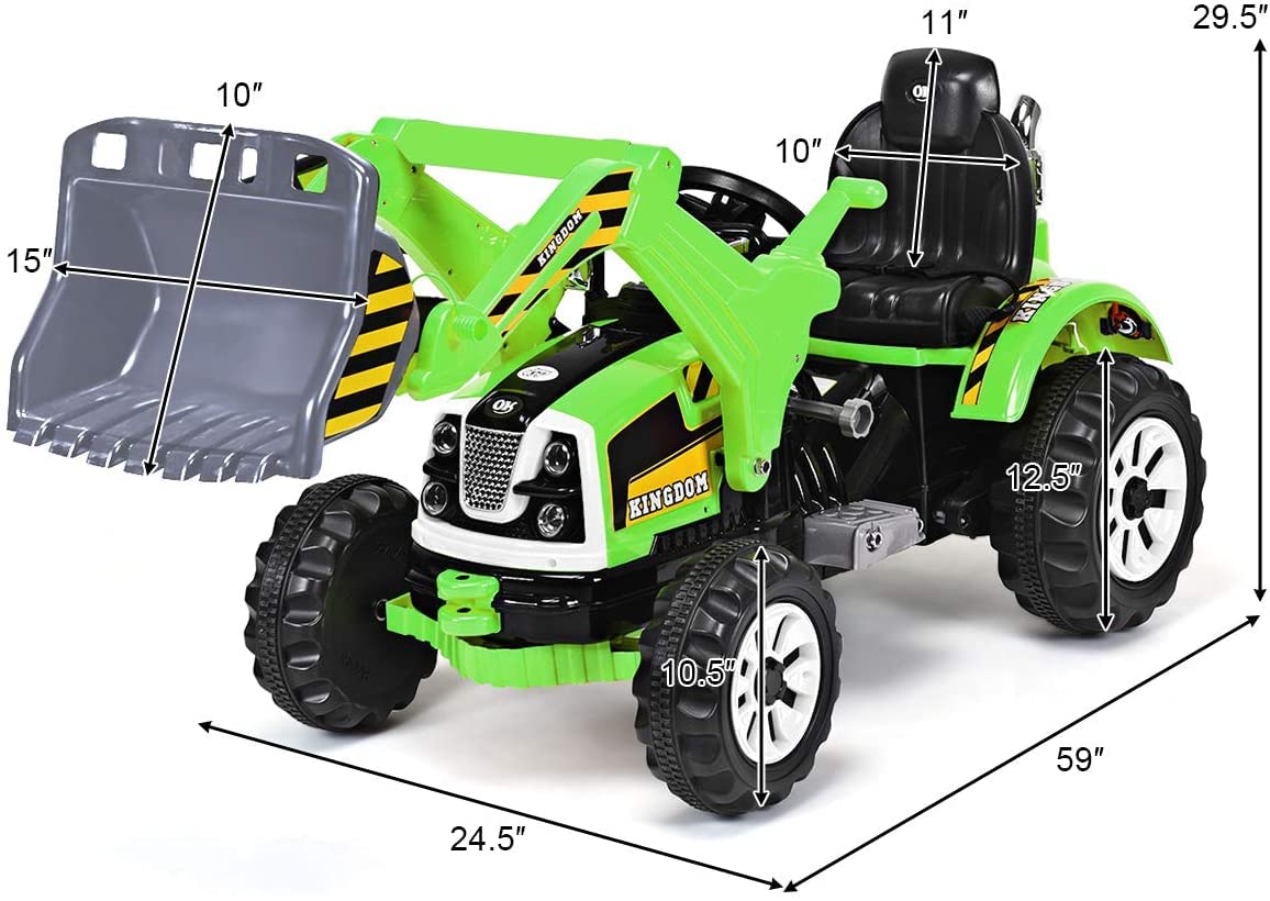 Glacer Ride On Excavator, 12V Battery Powered Digger W/ 2 Speeds, Forward & Backward, Front Loader Bucket, Horn, Safety Belt, El