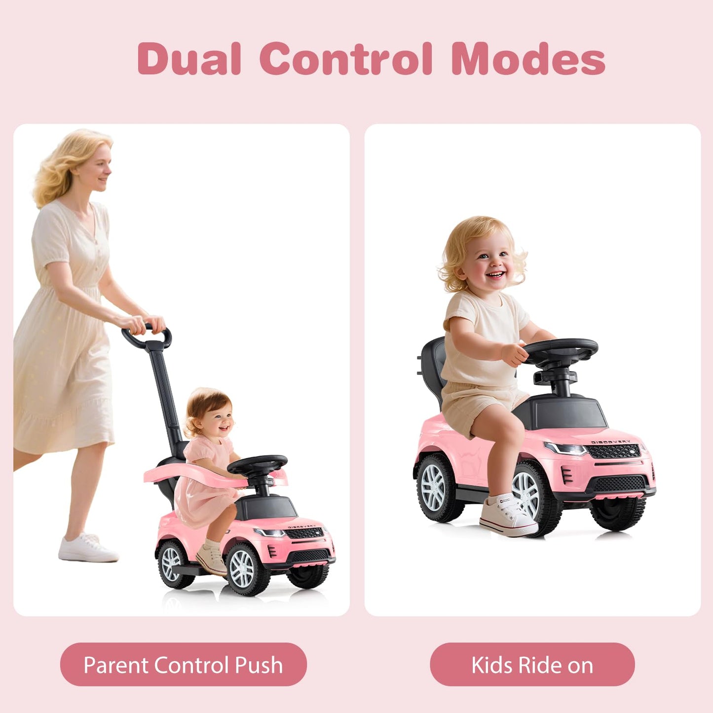 Olakids 3-in-1 Push Car for Toddlers, Pinkish, Safe Guardrails, Under Seat Storage, 33"x16"x37"