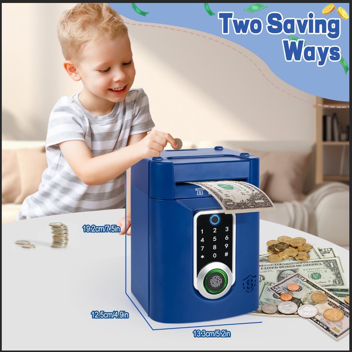 Refasy Piggy Bank For Kids,Electronic Money Bank Kids Piggy Bank For Boys Kids Toys Touchscreen Atm Piggy Bank Money Saving Box For Boys Girls Gifts Toys Coin Bank With Music(Blue)