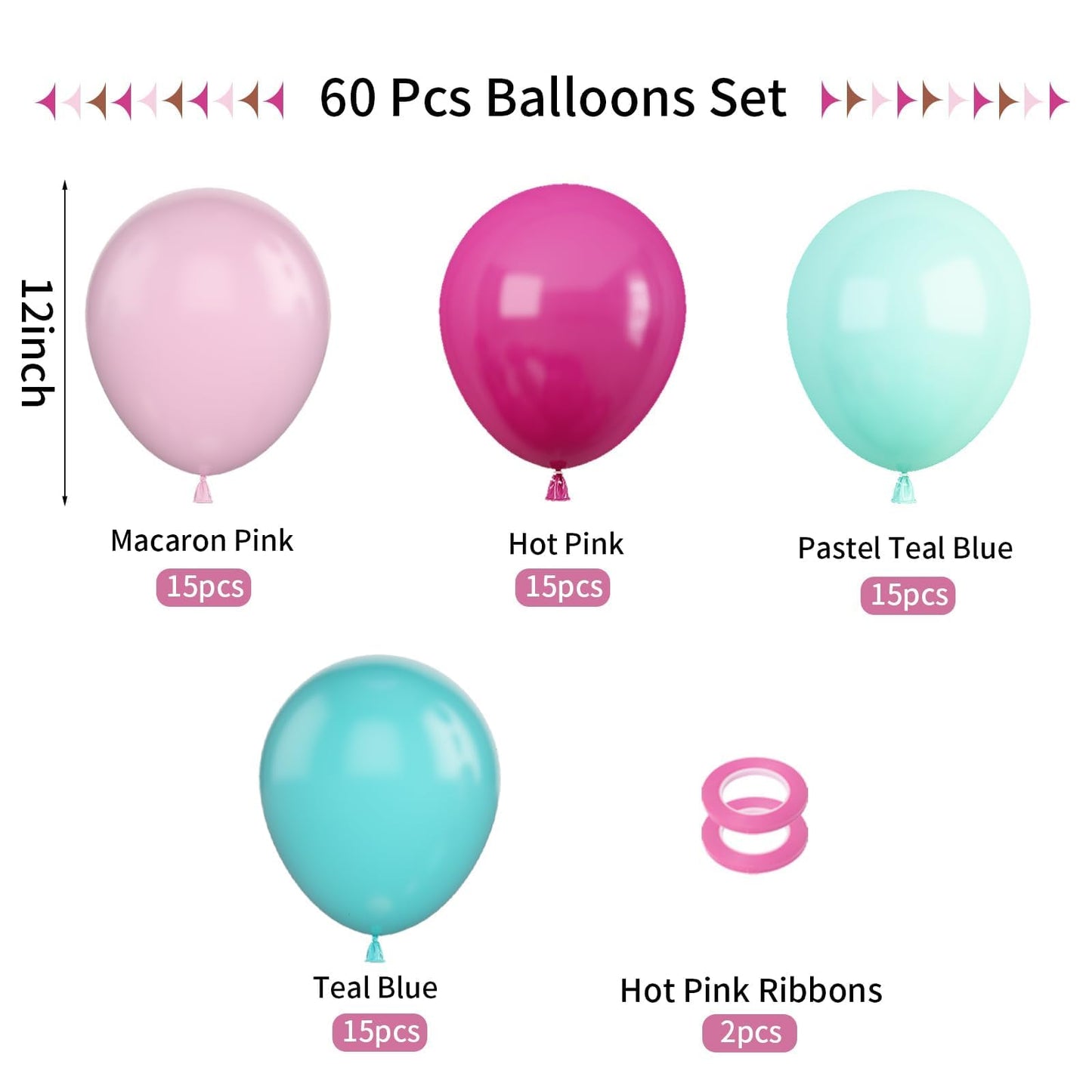 Pink Blue Balloons, 60Pcs Hot Pink Teal Blue Balloons, 12 Inch Hot Pink Confetti Helium Balloons Rose Red Turquoise Latex Balloo