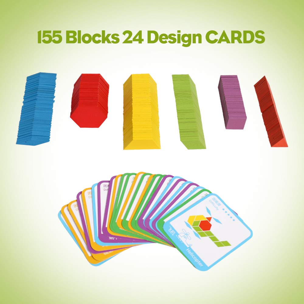Wooden Pattern Blocks Set 155 Pcs Geometric Shape Puzzle Kindergarten Tangram Brain Teasers Early Educational Montessori For Kids Ages 3-8 With 24 Pcs Design Cards
