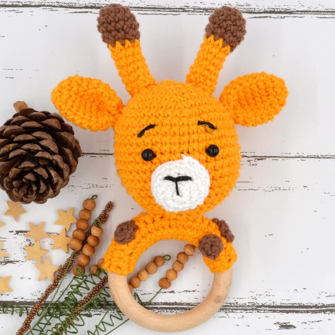Love Crochet Art Animal Shape Crochet Rattle Cum Soft Toy For Infant, Kids & Babies, Early Age Gift Toys (Giraffe  Yellow)