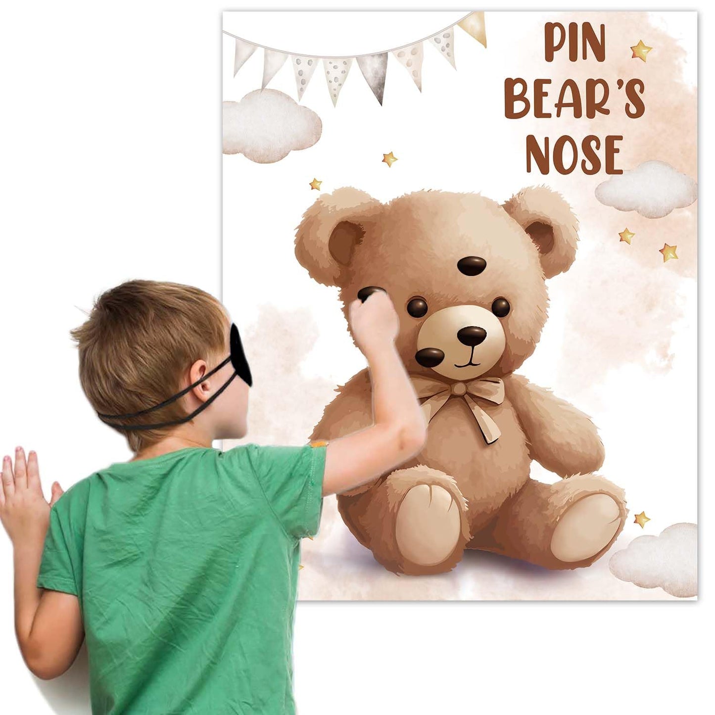 Pin The Noses On The Bear,Teddy Bear Party Game,Large Poster Wiht 24Pcs Noses Stickers For Kid'S Birthday Baby Shower Theme