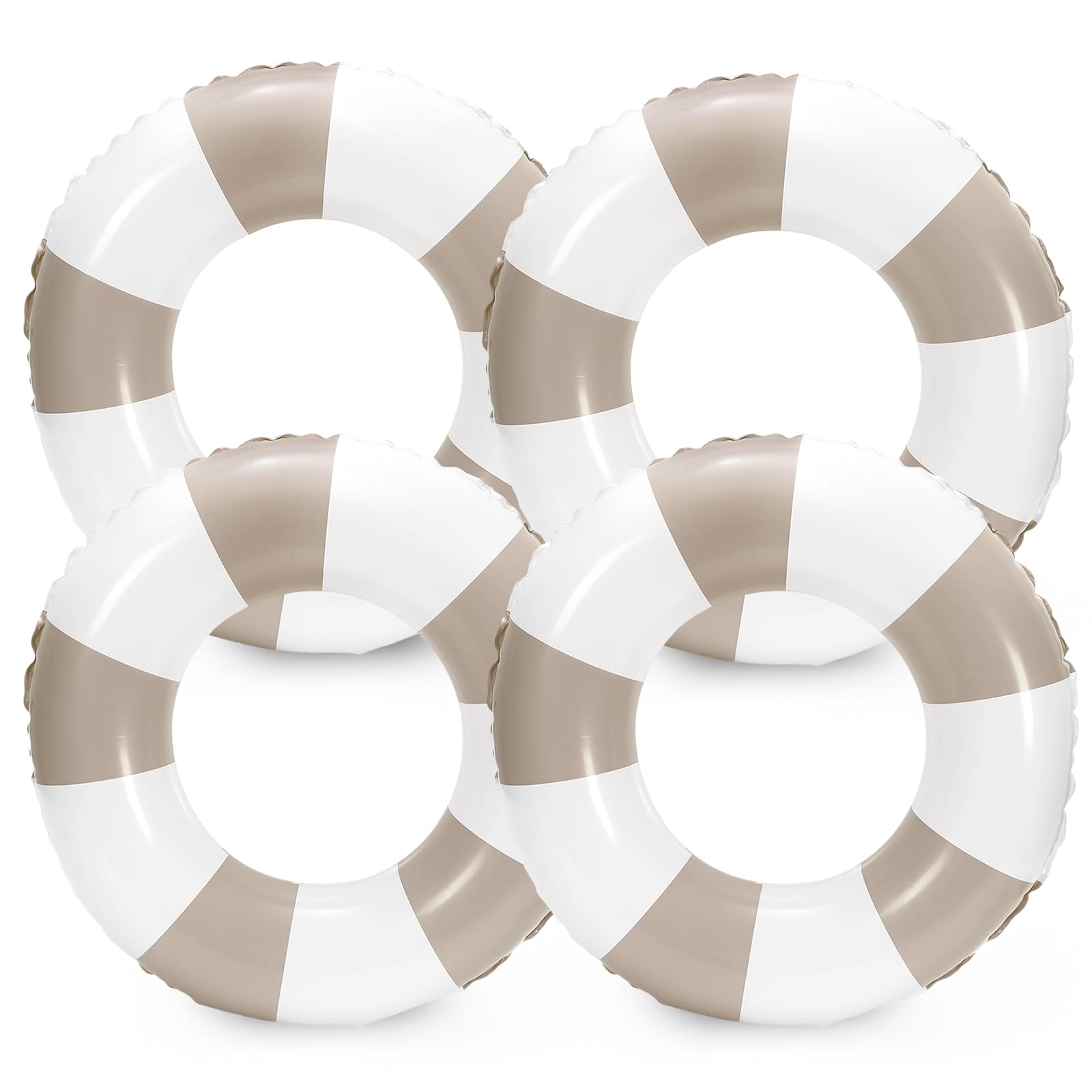 Whaline 4 Pcs White Tan Inflatable Swimming Float Toys Swim Rings Striped Prints Pool Loungers Tube for Summer Swimming Beach Pa