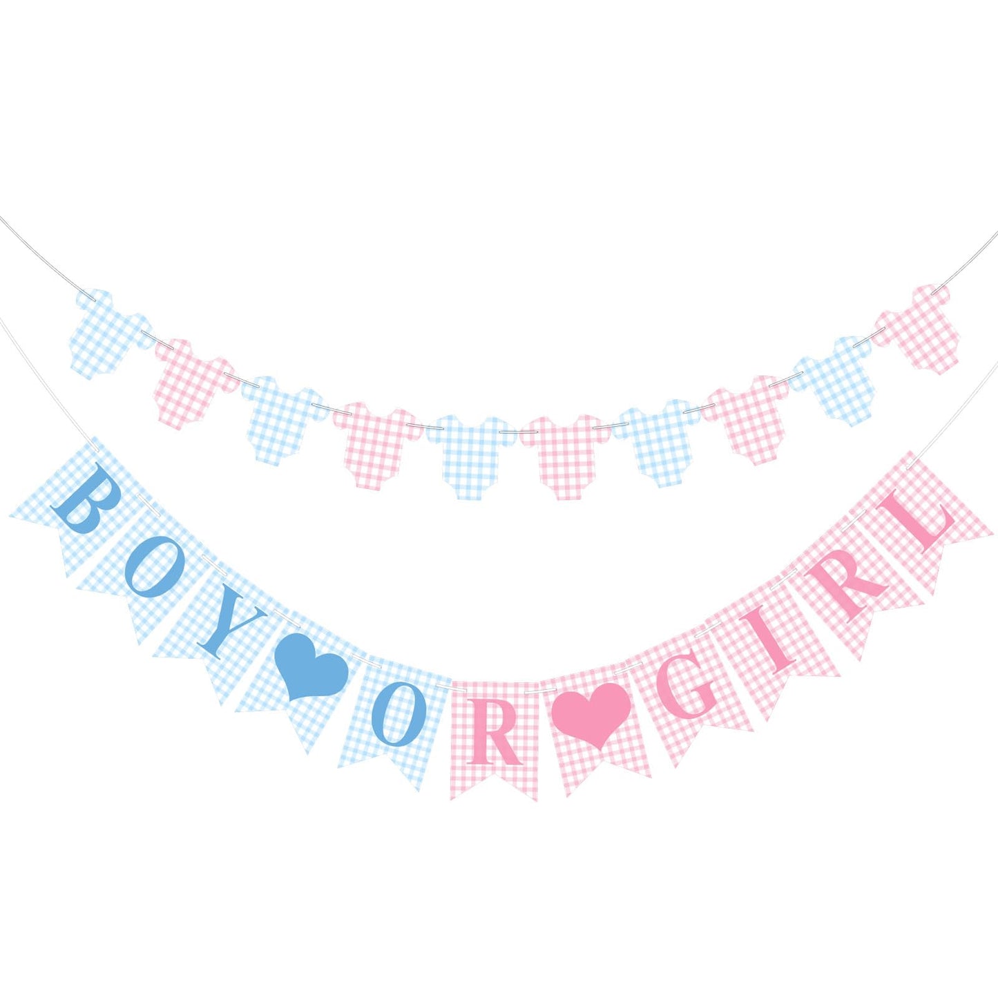 Hahafelt 1 Pcs Blue Pink Gingham Boy or Girl Clothesline Bodysuit Banner for Party Decorations Pre Strung Baby Shower Gender Rev