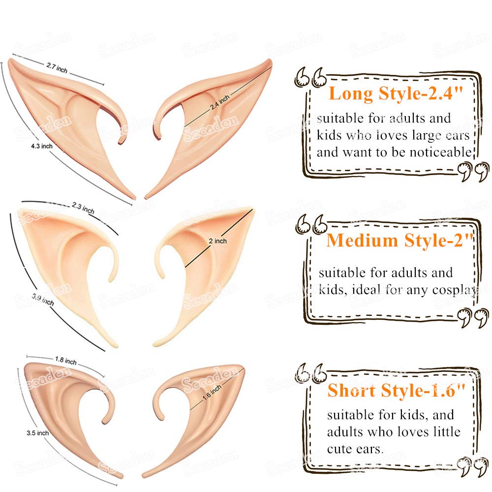 Secaden Cosplay Fairy Pixie Elf Ears Soft Pointed Ears Tips Anime Party Dress Up Costume Accessories (Short Style)