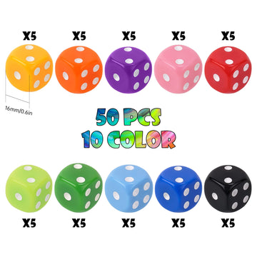 NiToy Game Dice Set 16MM 50PCS 6-Sided Solid Vintage Colors Standard Round Corner Dices for Board Game, Party, Holidays, Family