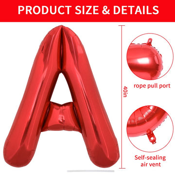 Toniful 40 Inch Large Bright Red Letter Balloons A-Z, Giant Jumbo Helium Foil Mylar Big Letter A Balloons For Birthday Party Ann