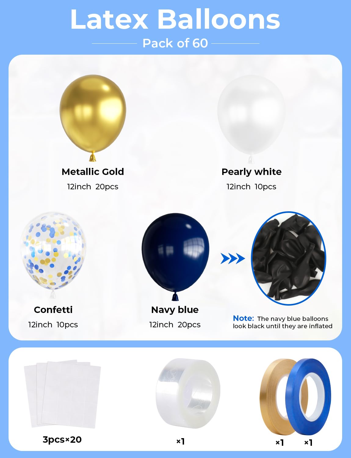 Haolongfa Navy Blue And Gold Confetti Balloons,12 Inch 60Pcs Pearl White And Metallic Gold Latex Balloons For Graduation,Birthda
