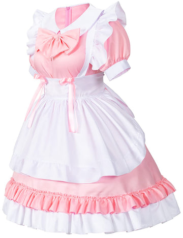 Girl Sweet Kawaii Costume Dress Anime French Maid Cosplay Furry Cat Ear Gloves Socks Set(Pink L)