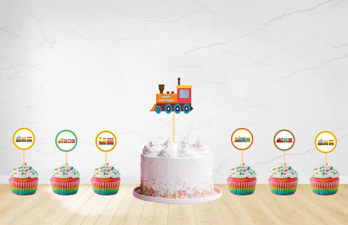 Untumble Train Theme Birthday Decoration Cake & Cup Cake Toppers Kit | Train Theme Decoration Items With Unique Cup Cake Toppers