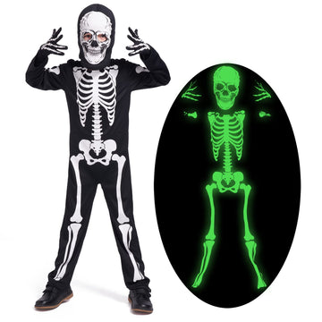 Leadtex Kids Gid Skeleton Halloween Costume, All In One Skeleton Printed Jumpsuit With Hood And Gloves(7-9Years
