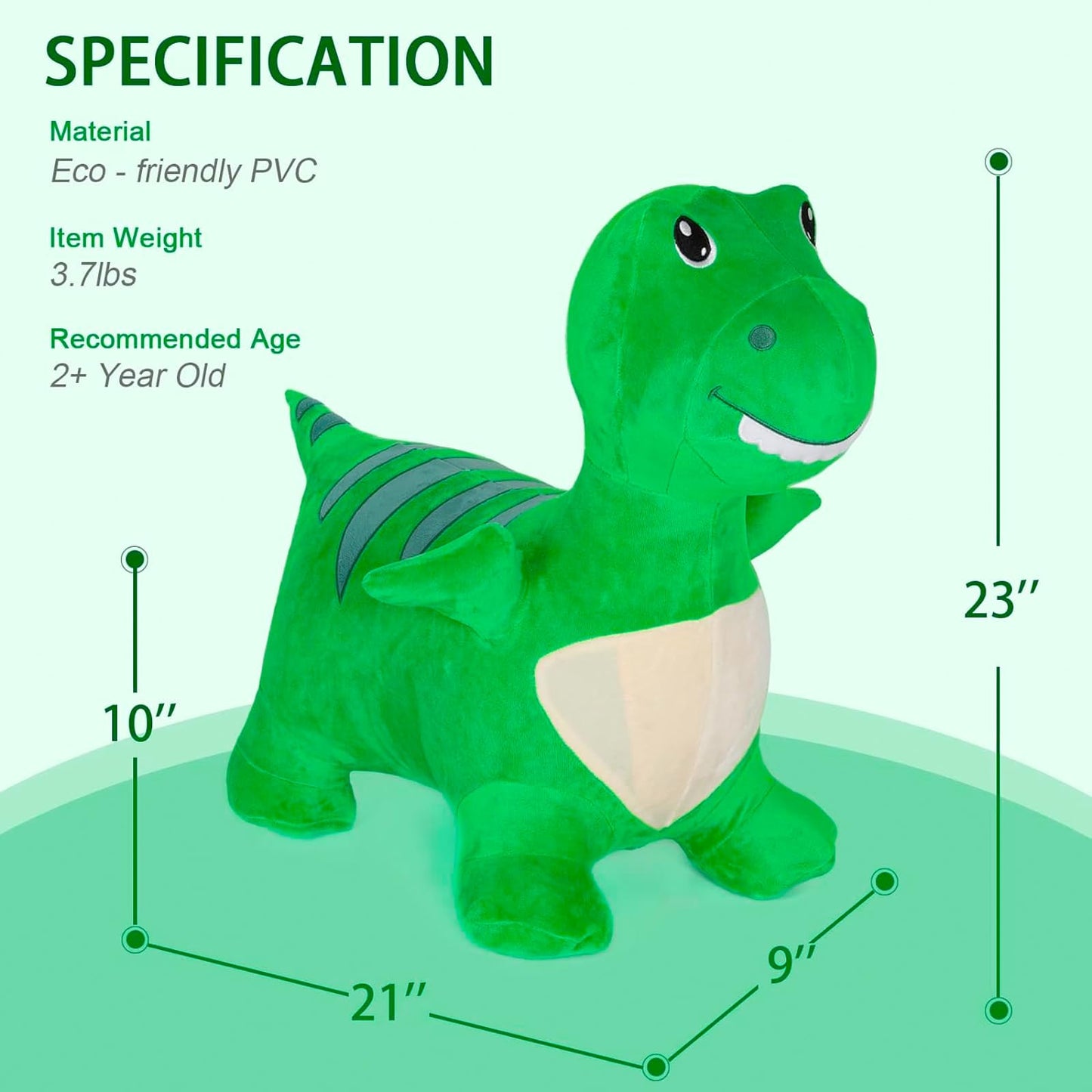 INPANY Bouncy Dinosaur Hopper Toy - Green Plush Inflatable Ride-On for Toddlers, Big Size, Ideal Birthday Gift for 2-4 Year Olds