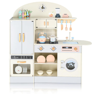 Ktaxon Wooden Play Kitchen For Kids, Pretend Kitchen Playset With Toy Double-Door Refrigerator, Storage Space & Cooking Set Acce