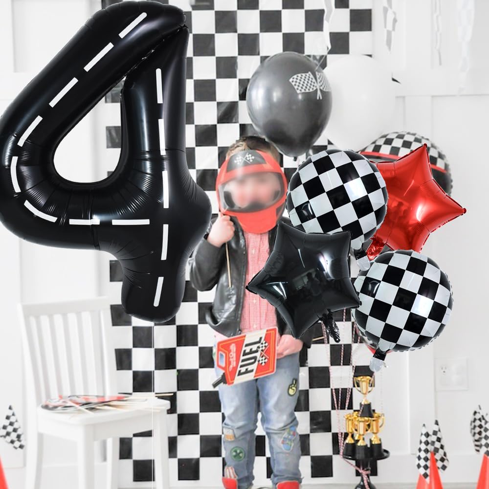 Toniful 40 Inch Race Car 4Th Birthday Balloons Racetrack Number 4 Black Balloons Wheel Tire Balloons Black White Checkered Ballo