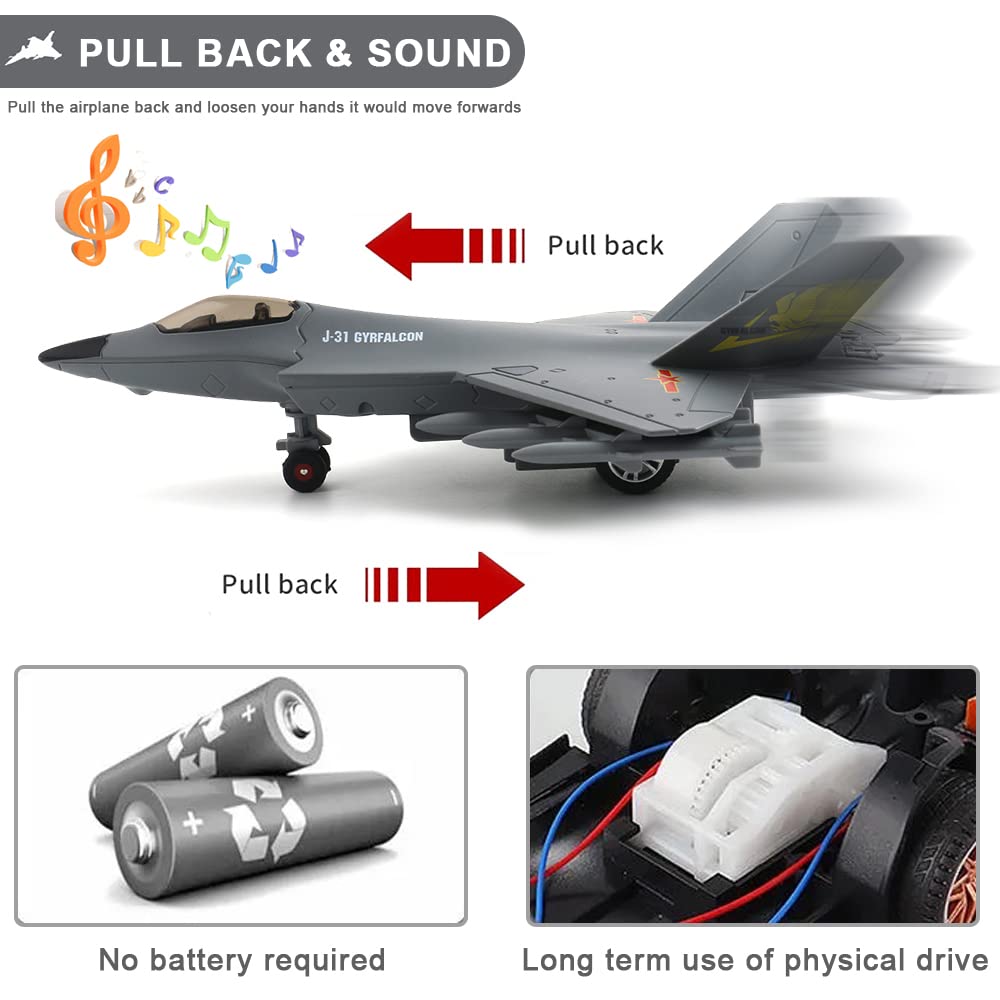 J31 Airplane Toy For Boys, Diecast Fighter Jet Toy For Kids, Pull Back Airplanes Toy Jets With Light & Sound For Gifts Collectio