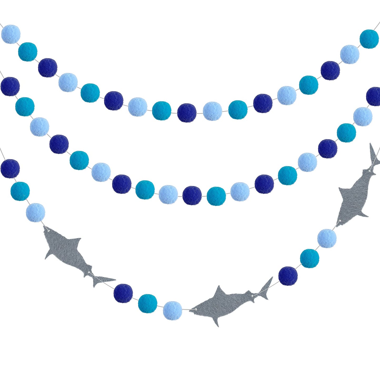 3 Pieces Shark Pompom Ball Garland Ocean Theme Banner Decoration Blue Felt Ball Hanging for Birthday Wedding Beach Sea Themed Pa