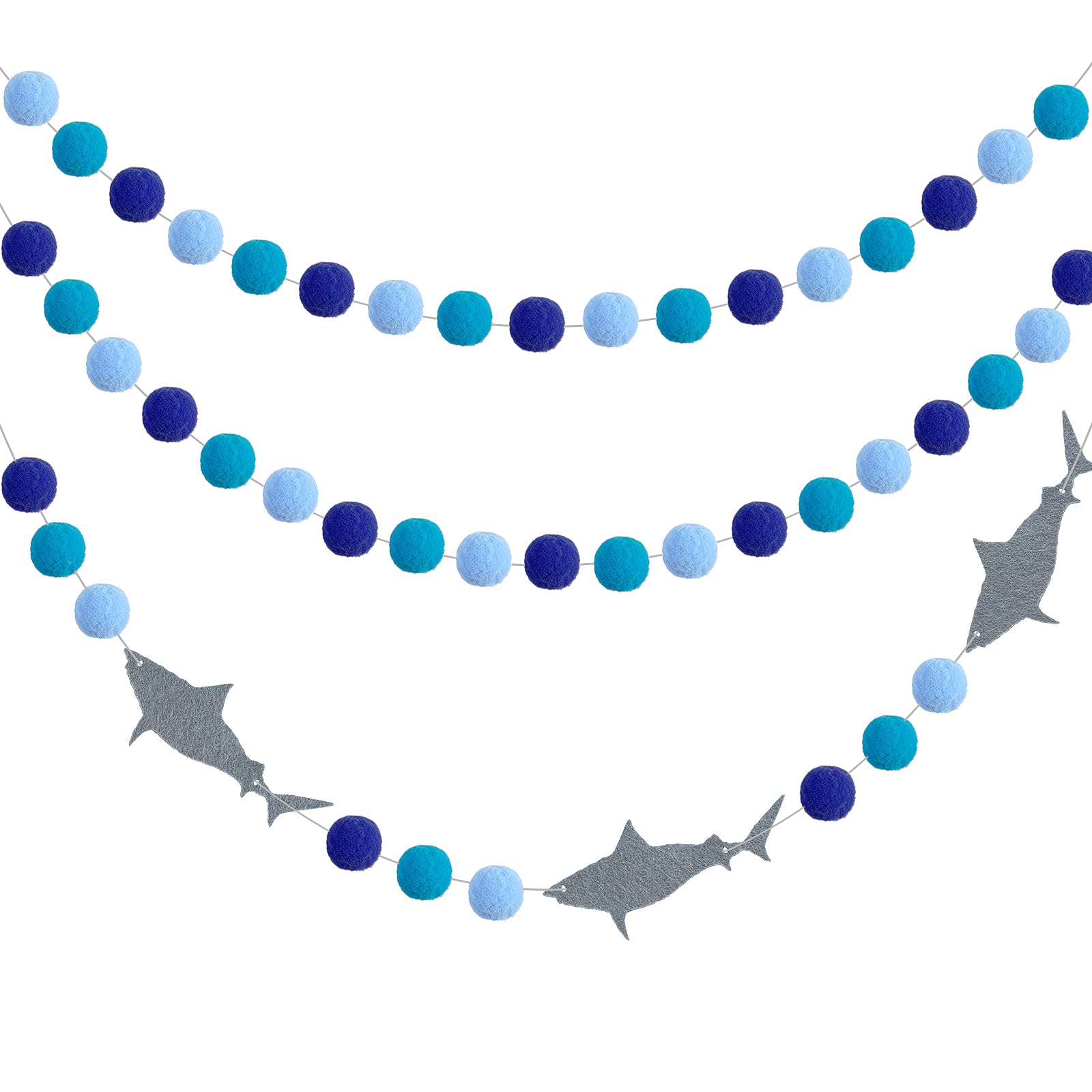 3 Pieces Shark Pompom Ball Garland Ocean Theme Banner Decoration Blue Felt Ball Hanging for Birthday Wedding Beach Sea Themed Pa